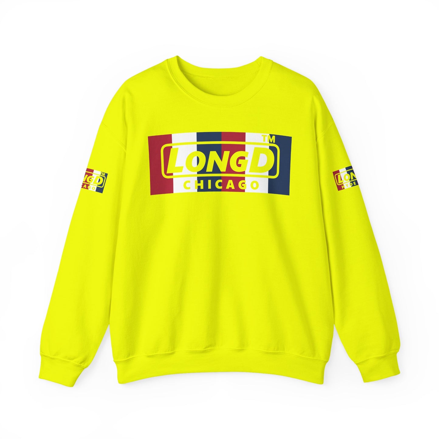 LongD negative vertical 6-striped 4-print double-breasted Chicago logo crewneck sweatshirt (patriotic colors)