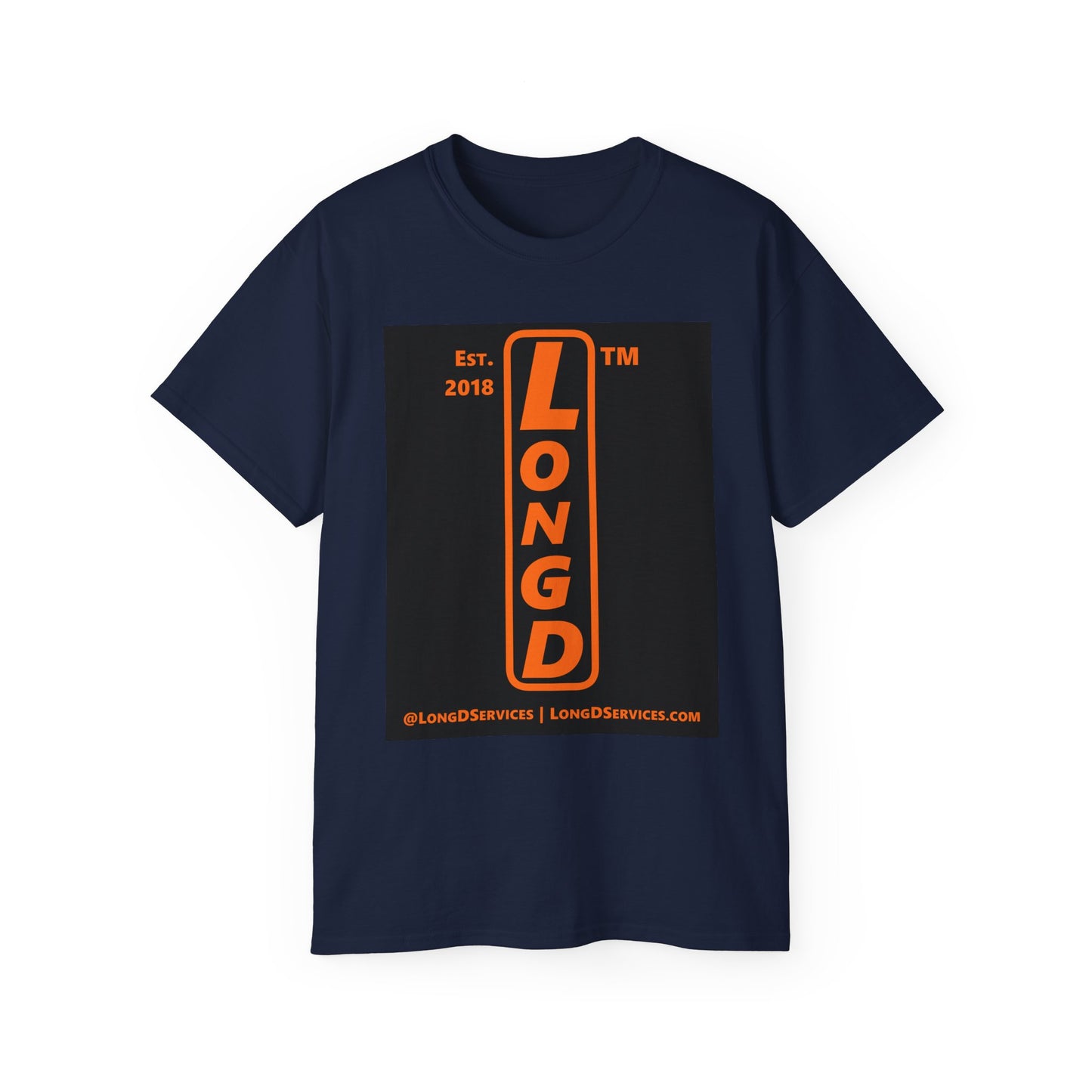 LongD Tag-domain upright front-back logo orange (FE7518) on Black (000000) cotton tee