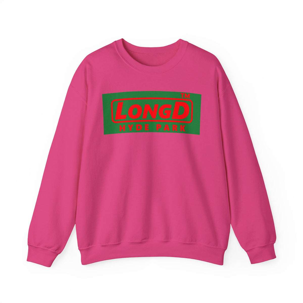 LongD Hyde Park logo positive red on negative green (Xmas colors) crewneck sweatshirt