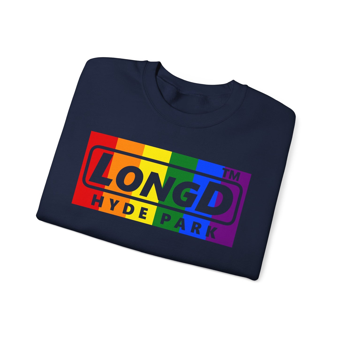 LongD negative vertical striped Hyde Park logo crewneck sweatshirt (Pride colors)