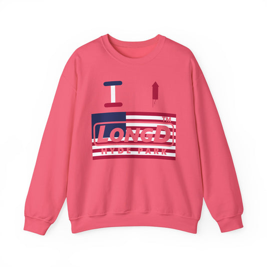 I firecracker LongD negative flag front-back Hyde Park logo crewneck sweatshirt