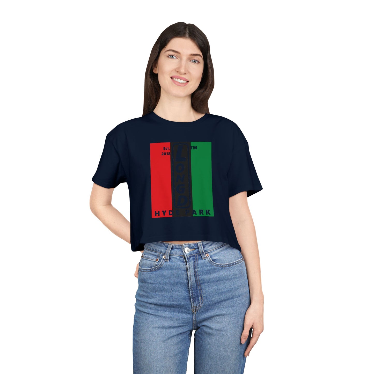 Negative vertical 3-striped upright front-back Hyde Park logo crop tee (Juneteenth colors)