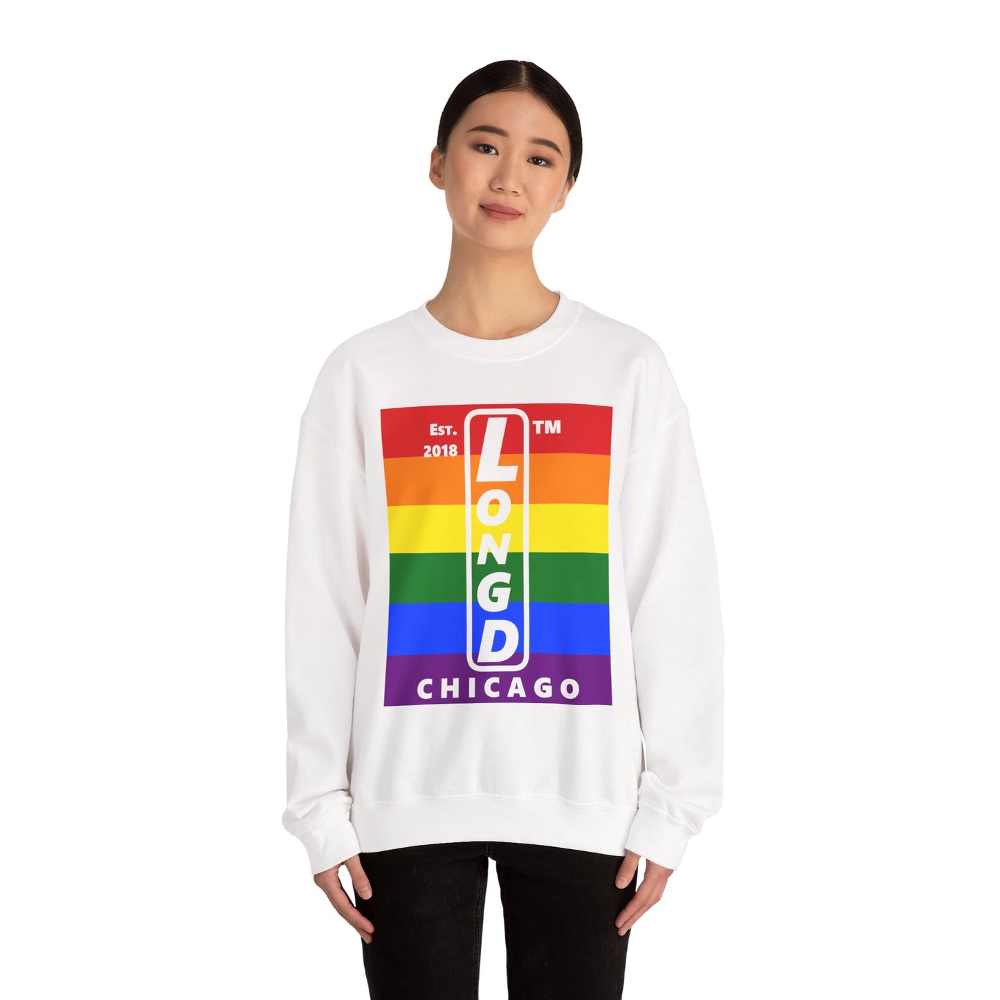 LongD negative horizontal 6-striped Chicago upright logo crewneck sweatshirt (Pride colors)