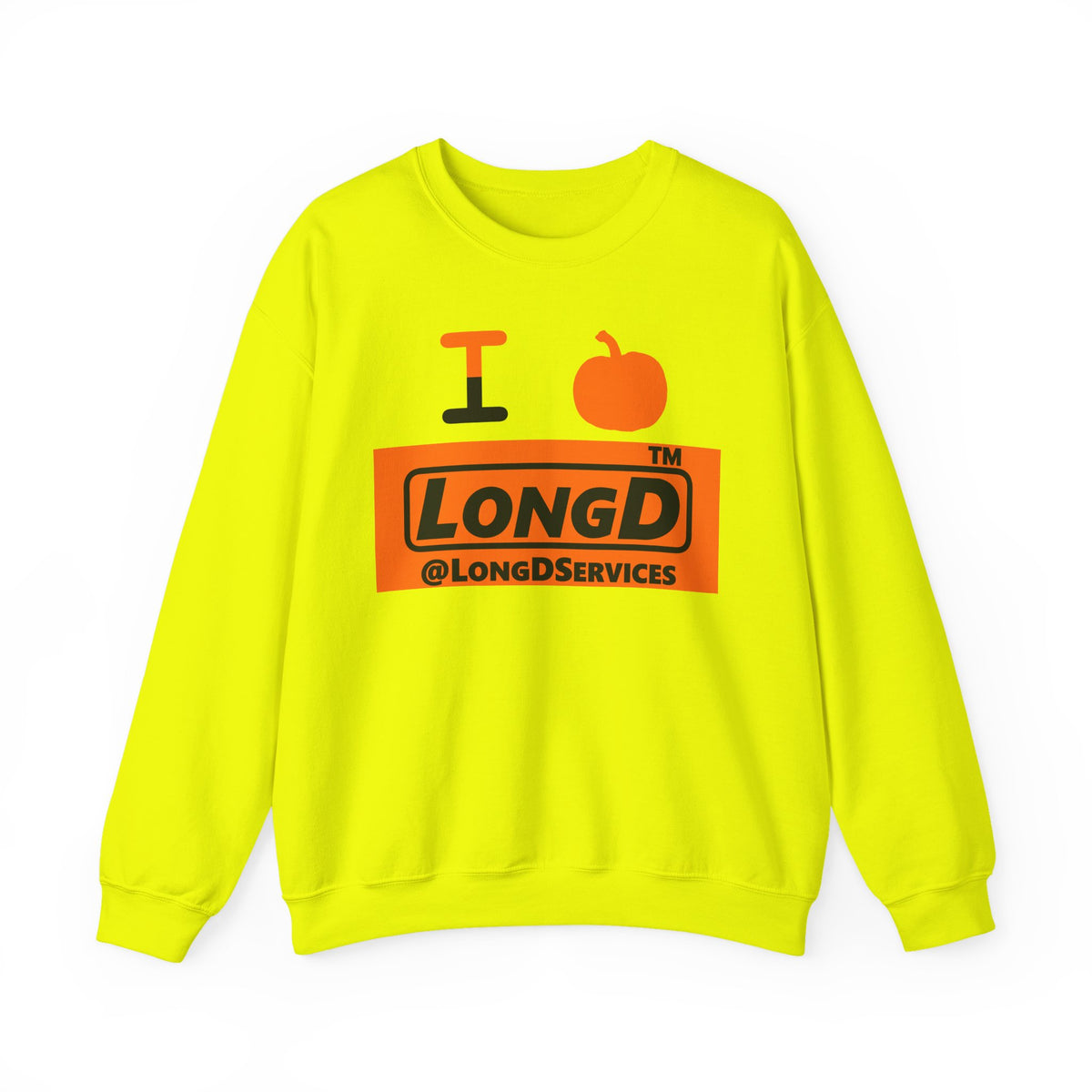 I pumpkin LongD Tag logo positive black on negative orange crewneck sweatshirt