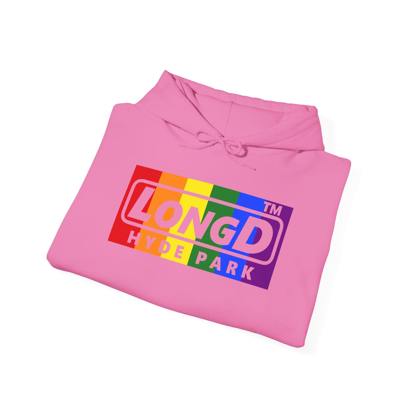 LongD® negative vertical striped Hyde Park logo hoodie (Pride colors)
