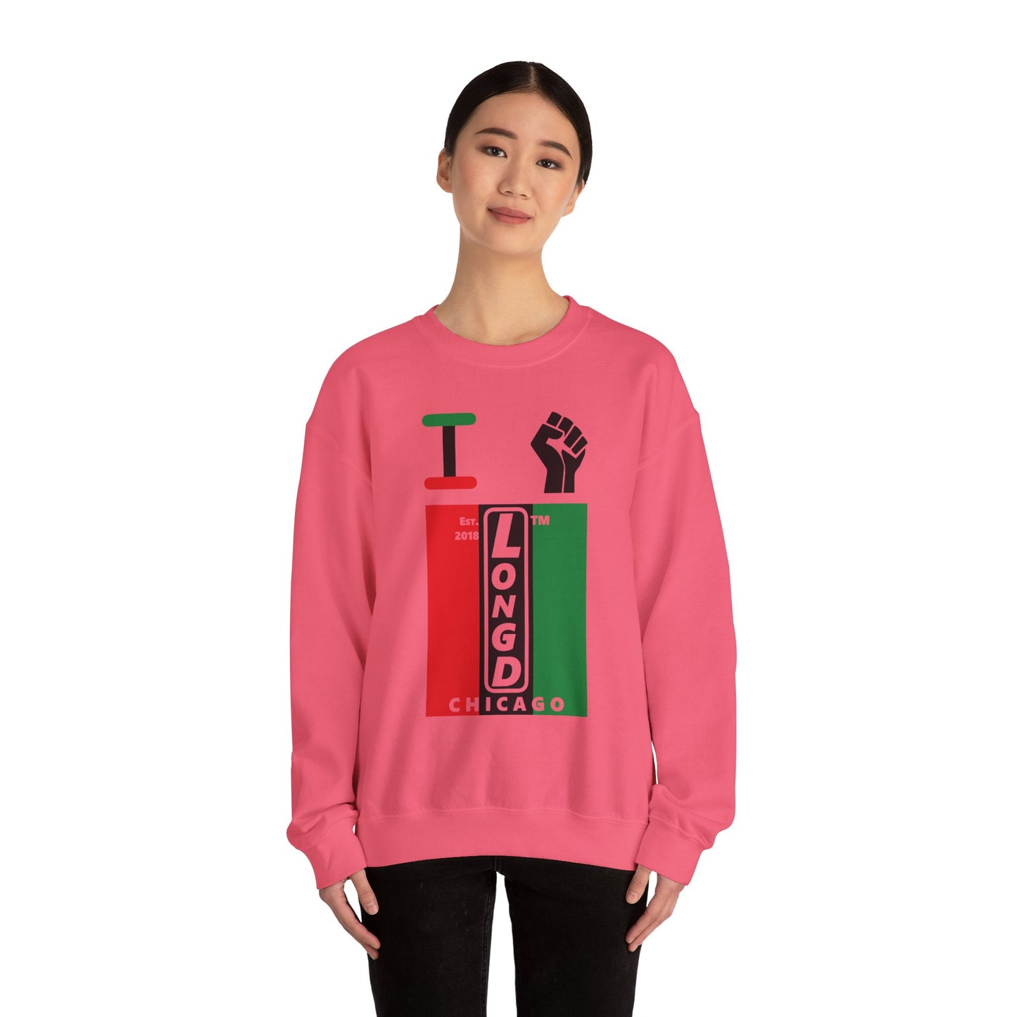 I Fist LongD negative vertical 3-striped Chicago upright logo crewneck sweatshirt