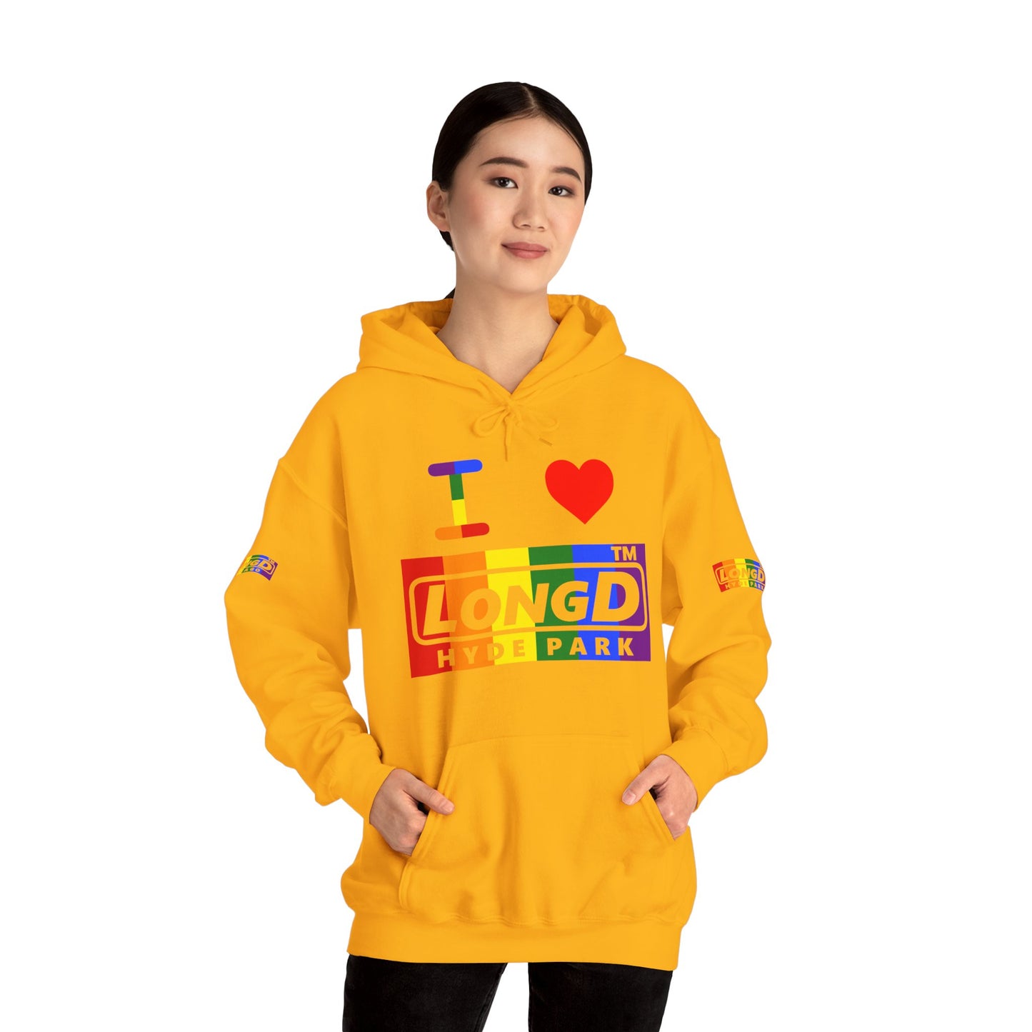I Luv LongD® negative vertical striped 4-print Hyde Park logo hoodie (Pride colors)