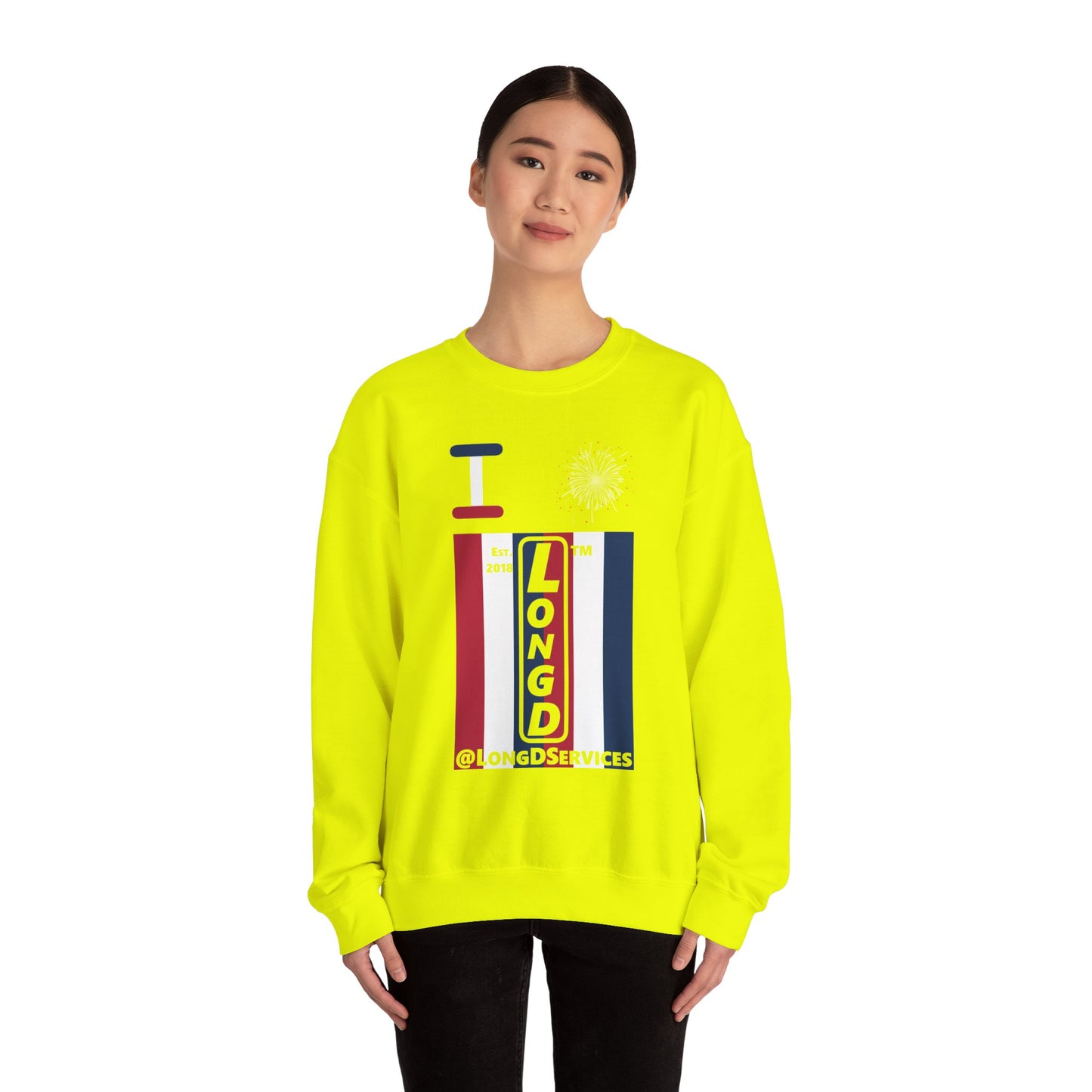 I Burst LongD negative vertical 6-striped tag upright logo crewneck sweatshirt