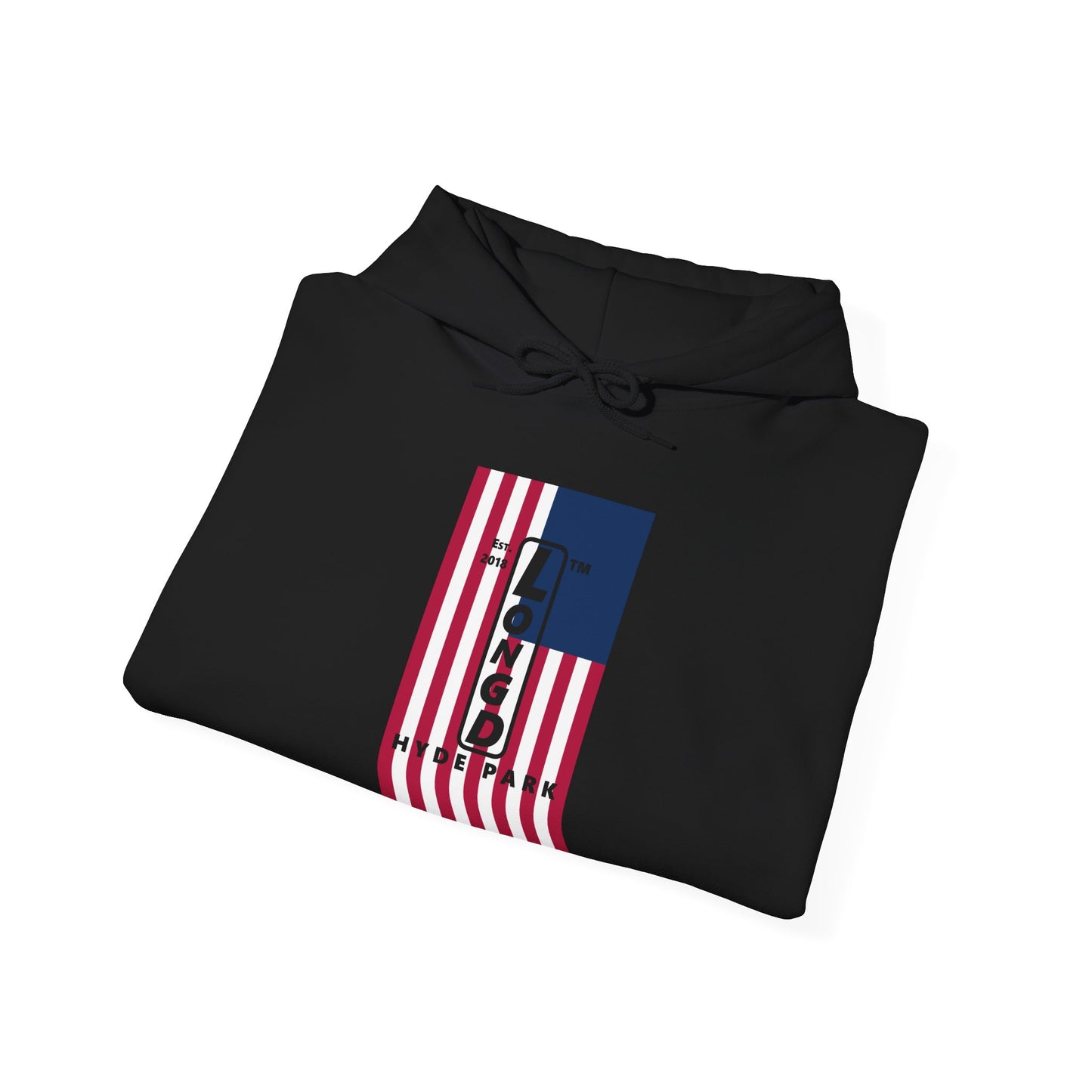 LongD® negative flag upright Hyde Park logo hoodie (Patriotic colors)
