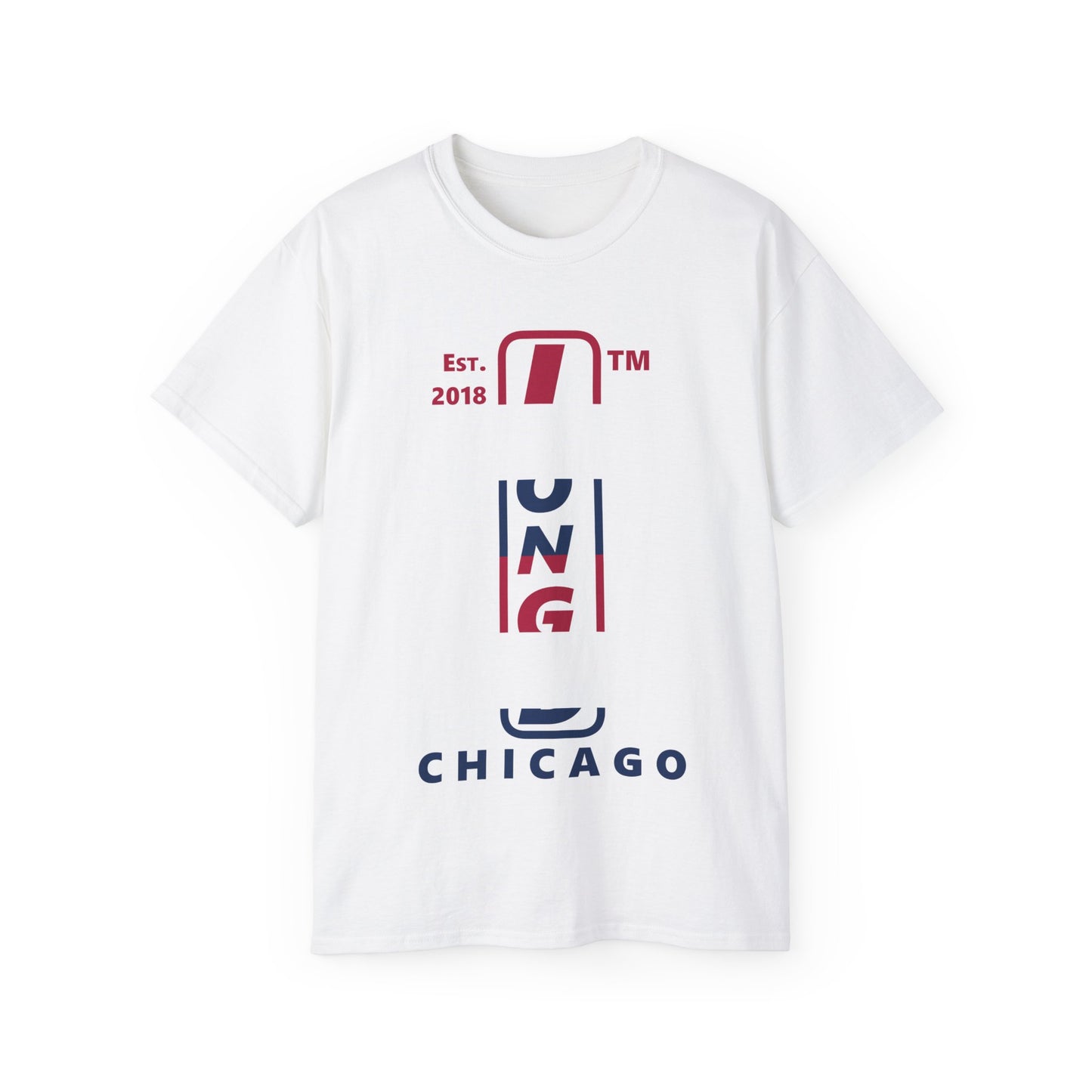 LongD cotton tee positive horizontal 6-striped Chicago upright logo (Patriotic colors)