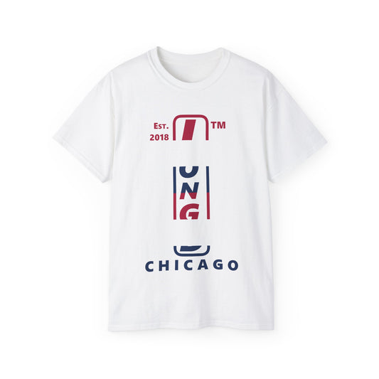 LongD cotton tee positive horizontal 6-striped Chicago upright logo (Patriotic colors)