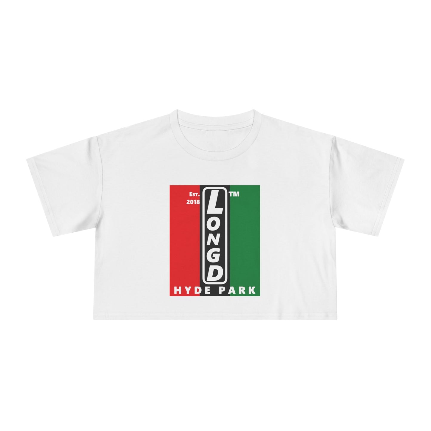 Negative vertical 3-striped upright front-back Hyde Park logo crop tee (Juneteenth colors)