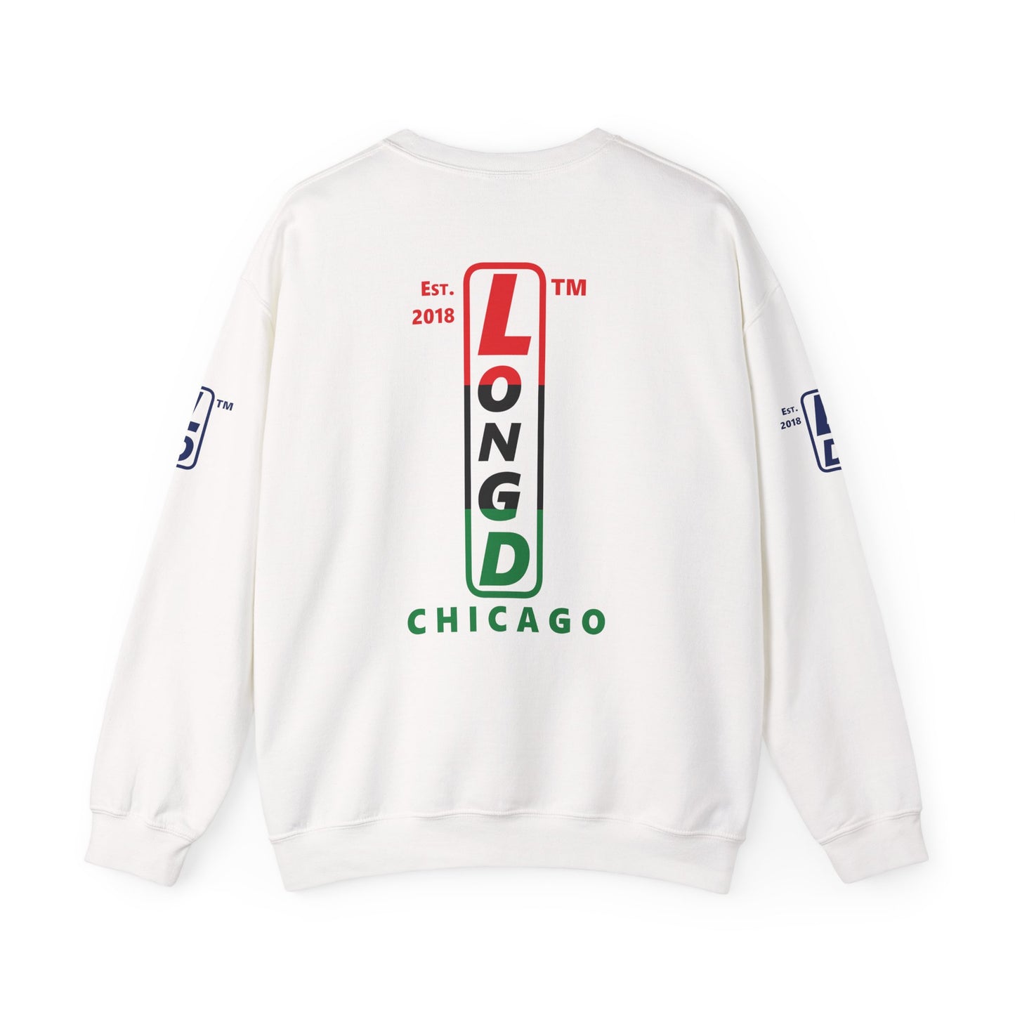 LongD positive horizontal 3-striped Chicago 4-print upright logo crewneck sweatshirt (Juneteenth colors)