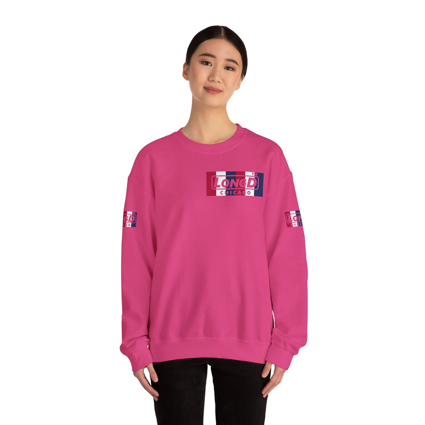 LongD negative vertical 6-striped 4-print single-breasted Chicago logo crewneck sweatshirt (patriotic colors)