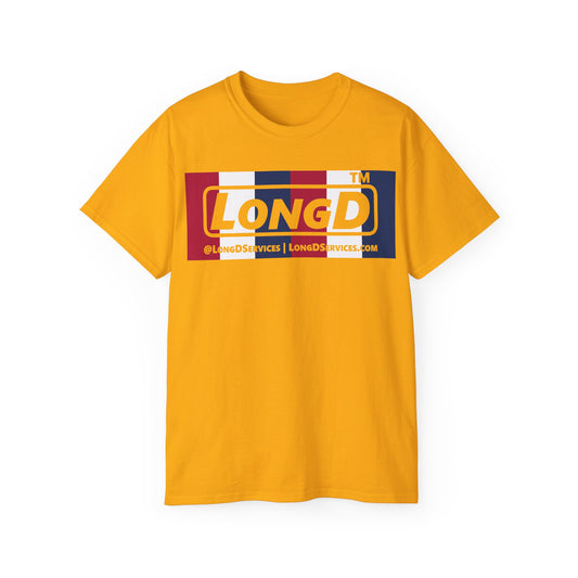 LongD negative vertical 6-striped tag-domain logo cotton tee (patriotic colors)