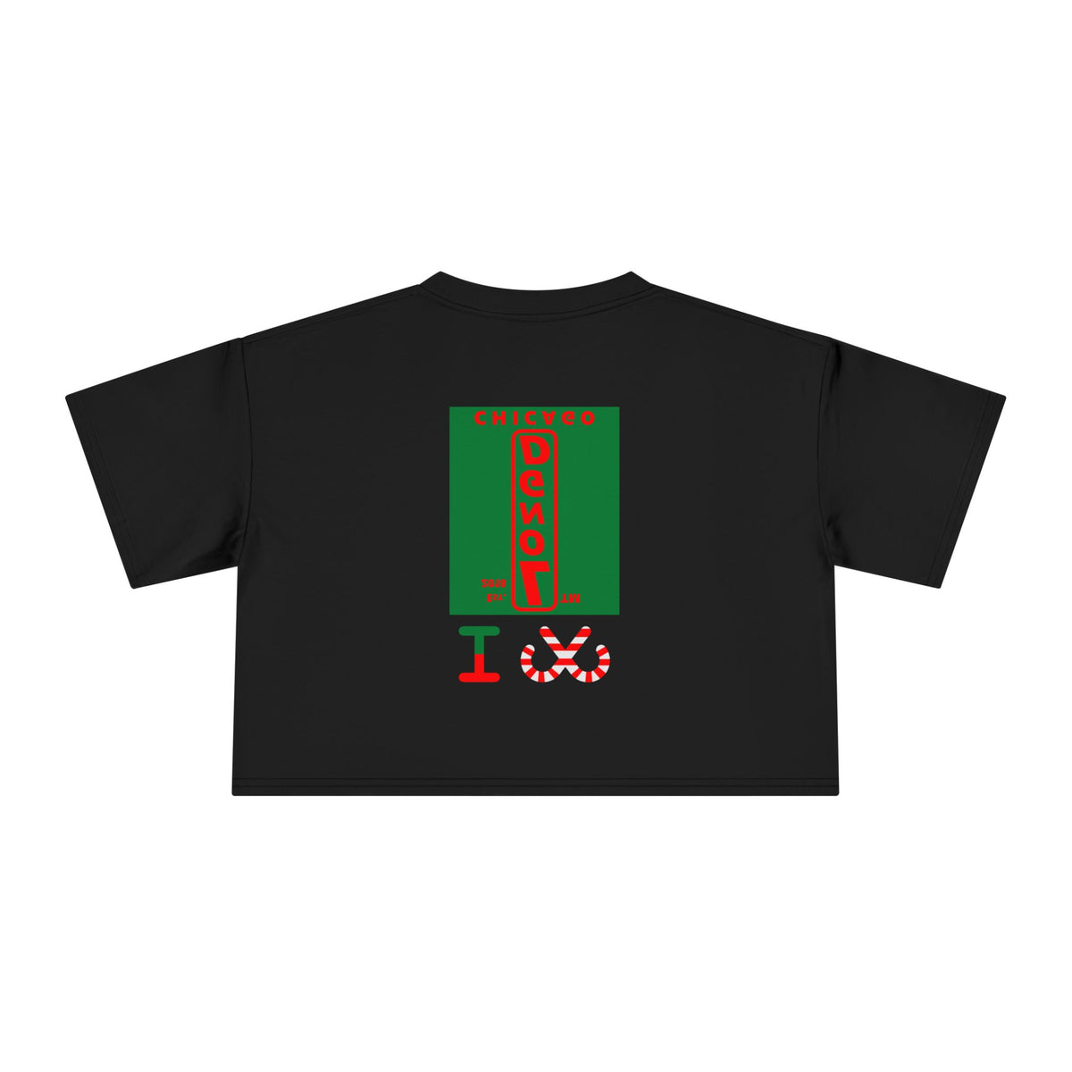 I candy cane LongD Chicago upright front-back logo positive red on negative green crop tee