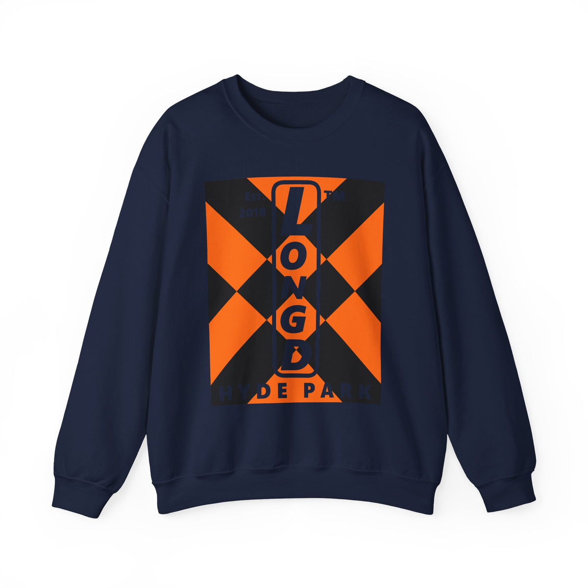 LongD Hyde Park negative upright mixed argyle logo (Halloween colors) crewneck sweatshirt