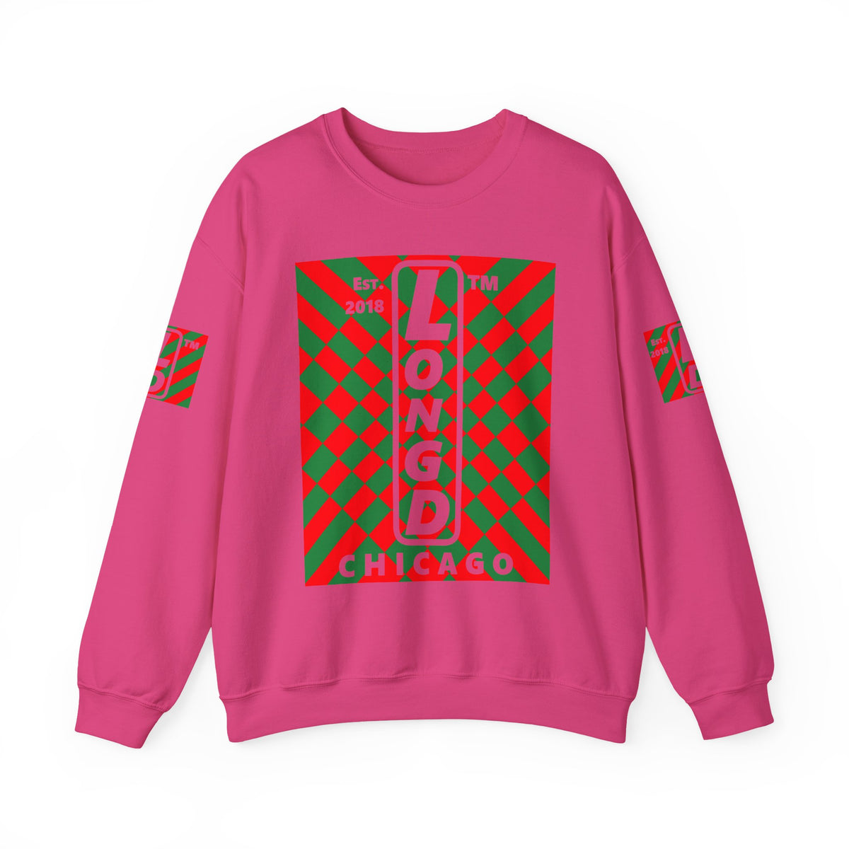 LongD Chicago negative upright stylized argyle 4-print logo (Xmas colors) crewneck sweatshirt