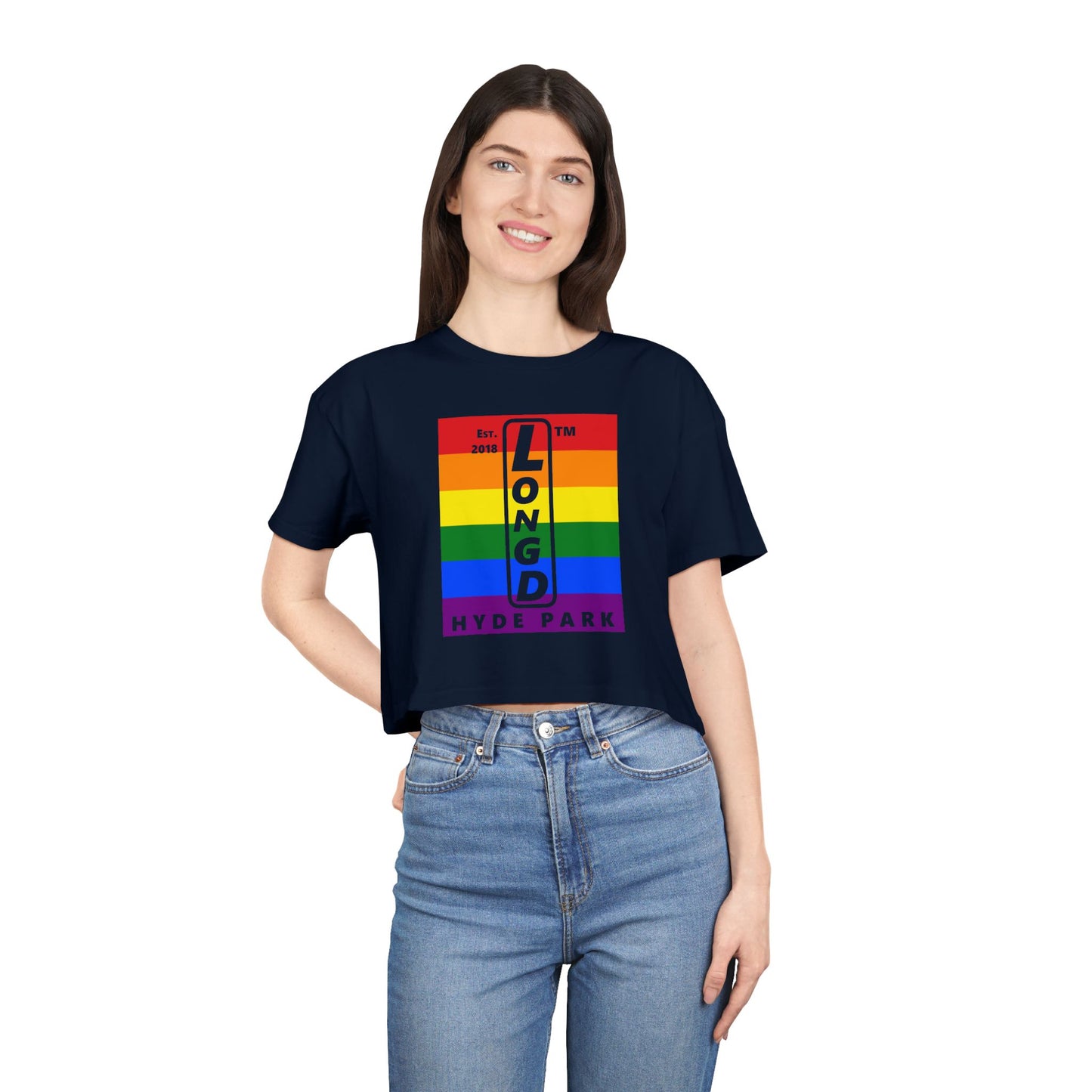 Mixed horizontal 6-striped upright front-back Hyde Park logo crop tee (Pride colors)