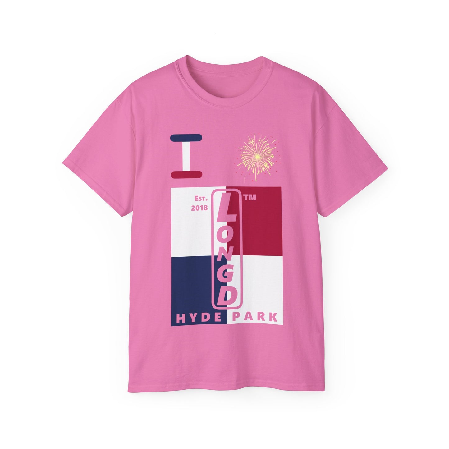 I Burst LongD cotton tee negative quarters Hyde Park upright logo (Patriotic colors)