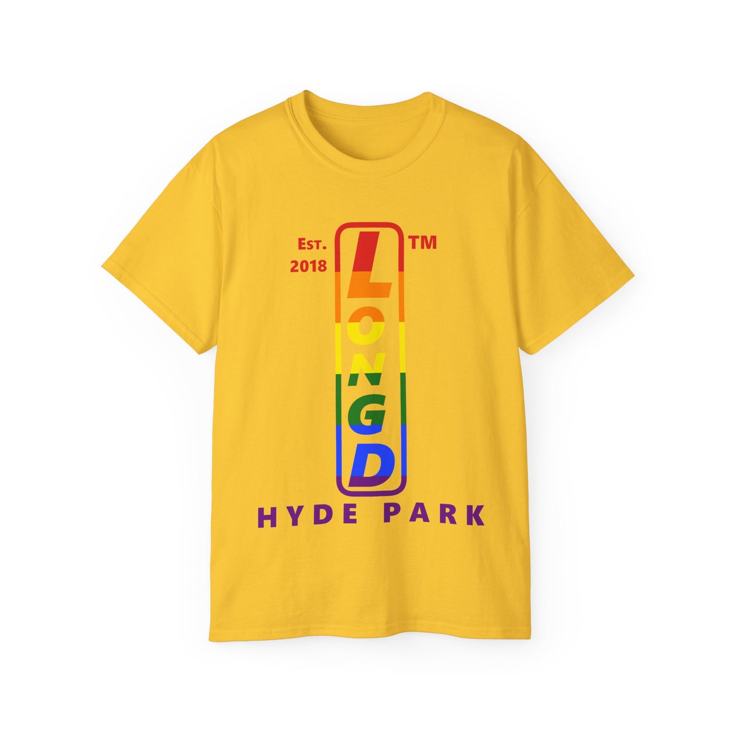 LongD Cotton Tee positive horizontal striped Hyde Park upright logo (Pride colors)
