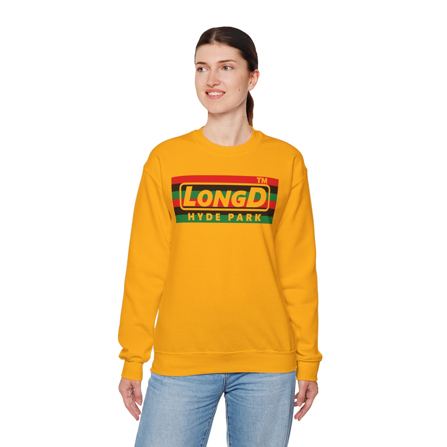 LongD negative horizontal 6-striped Hyde Park logo crewneck sweatshirt (Juneteenth colors)