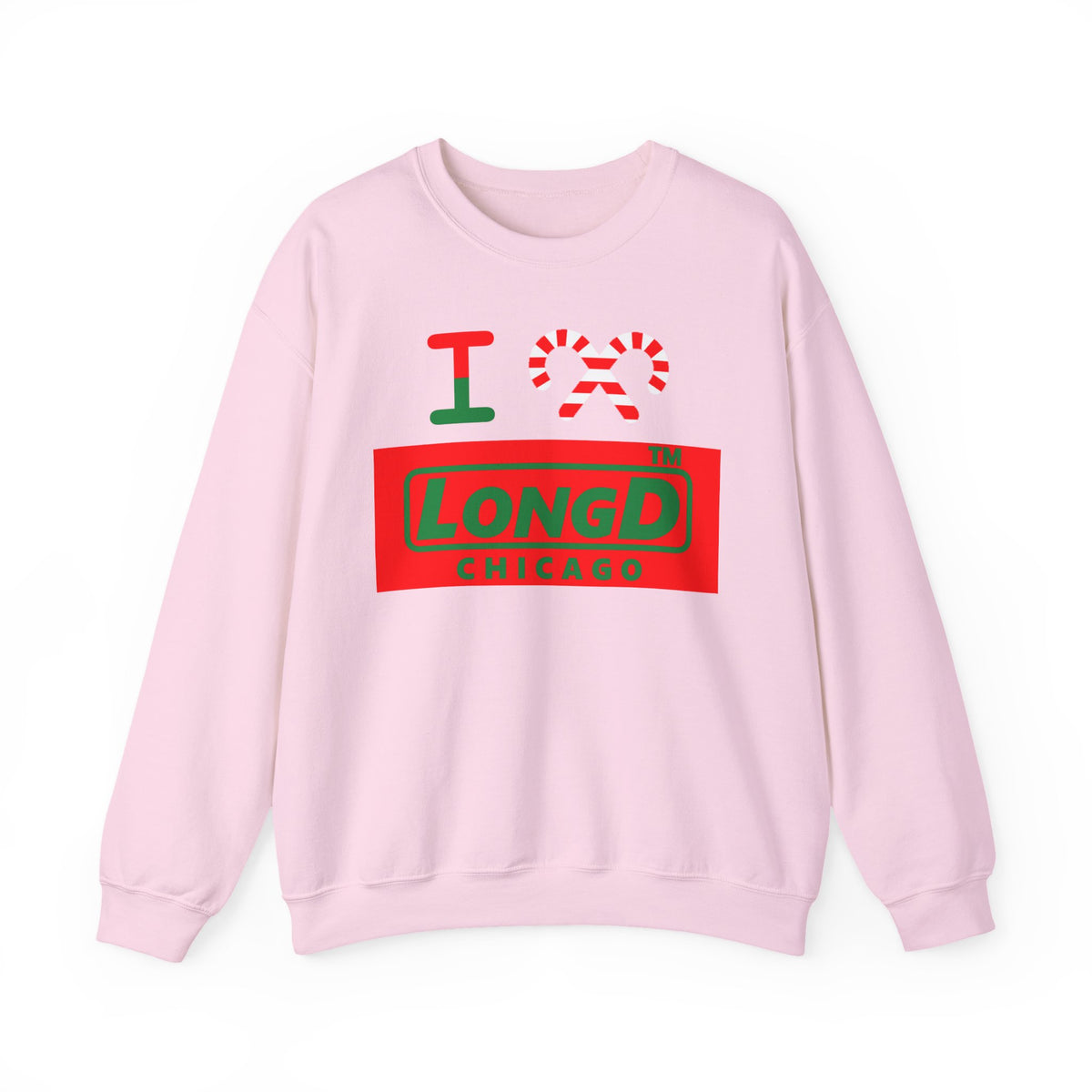 I candy cane LongD Chicago logo positive green on negative red crewneck sweatshirt