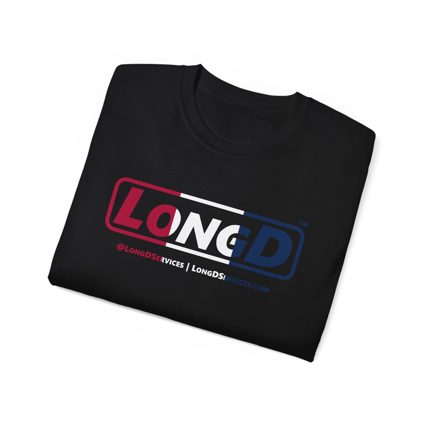 LongD® Logo Cotton Tee Red, White and Blue positive thirds text