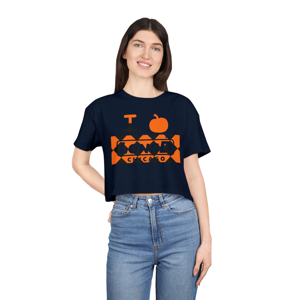 I pumpkin LongD Chicago negative argyle logo crop tee