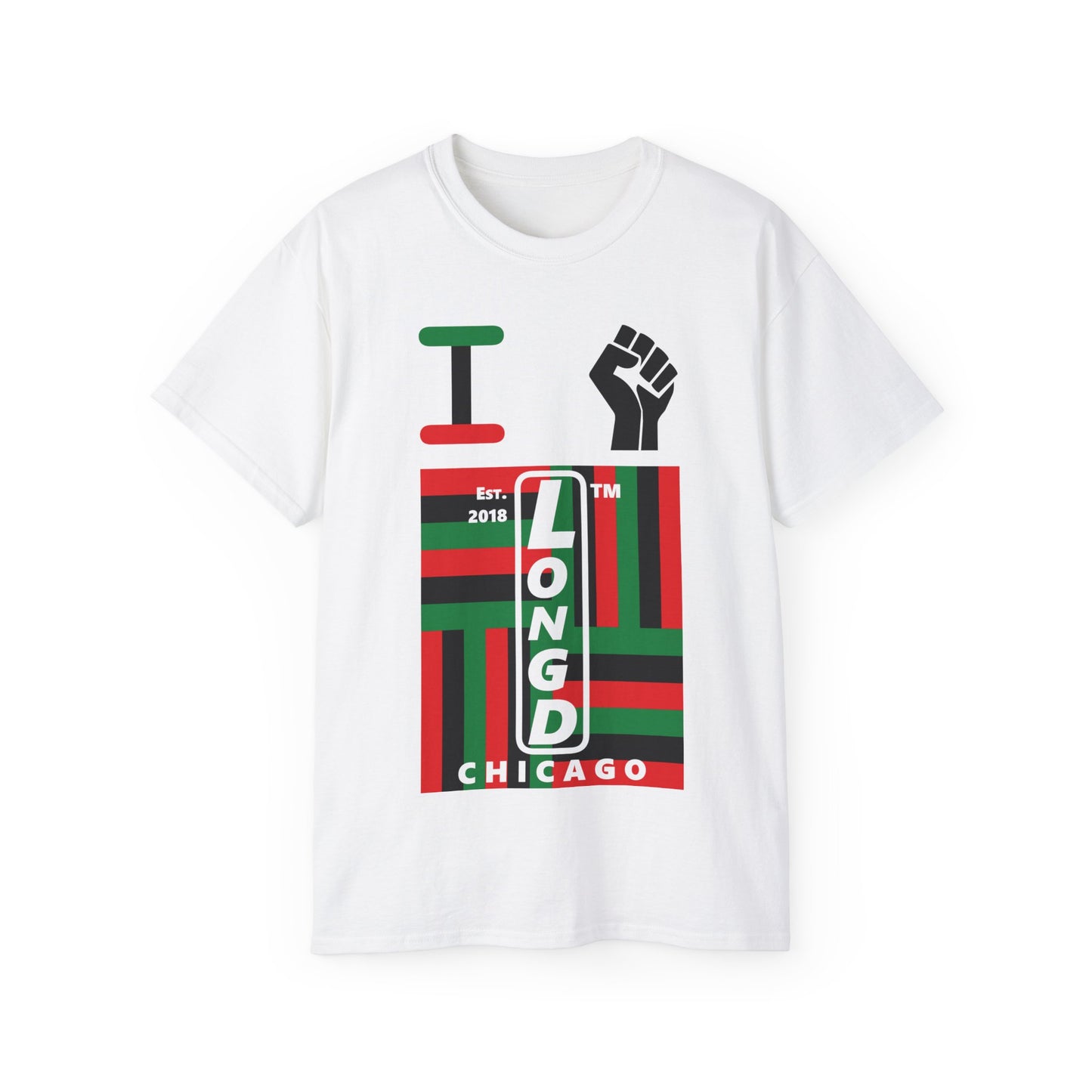 I fist LongD Cotton Tee negative windmill Chicago upright logo (Juneteenth colors)