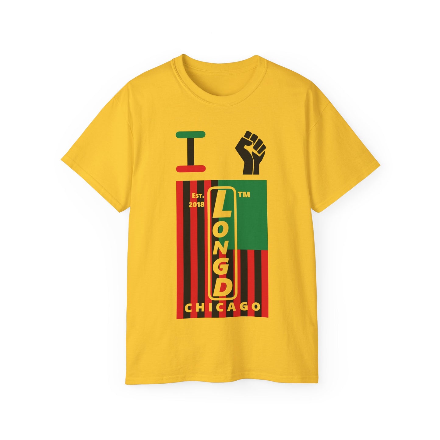 I fist LongD Cotton Tee negative flag Chicago upright logo (Juneteenth colors)