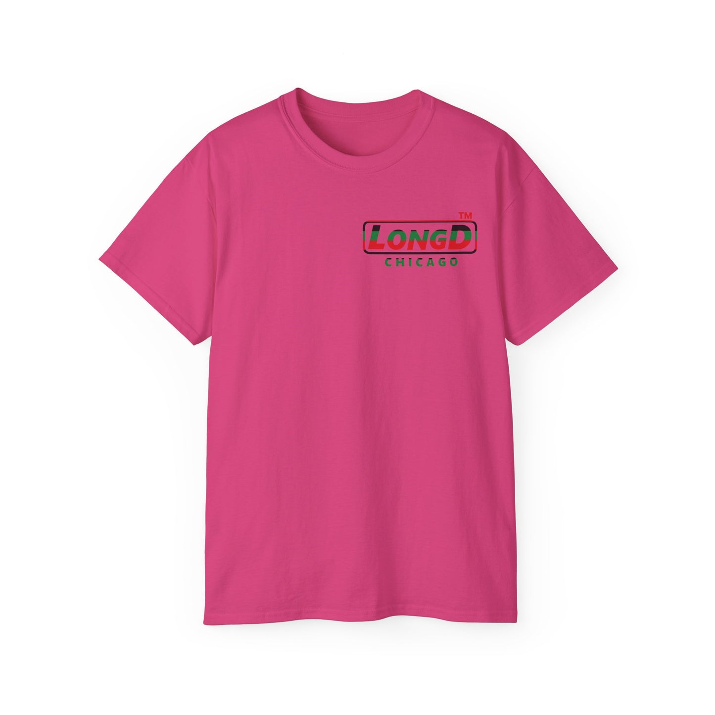 LongD positive horizontal 6-striped Chicago logo single-breasted front-back cotton tee (Juneteenth colors)