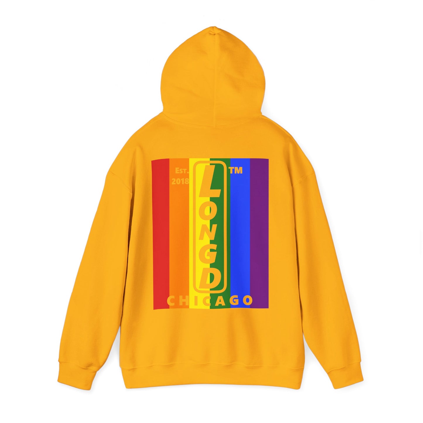 LongD single-breasted negative vertical 6-striped front-back upright Chicago logo hoodie (Pride colors)