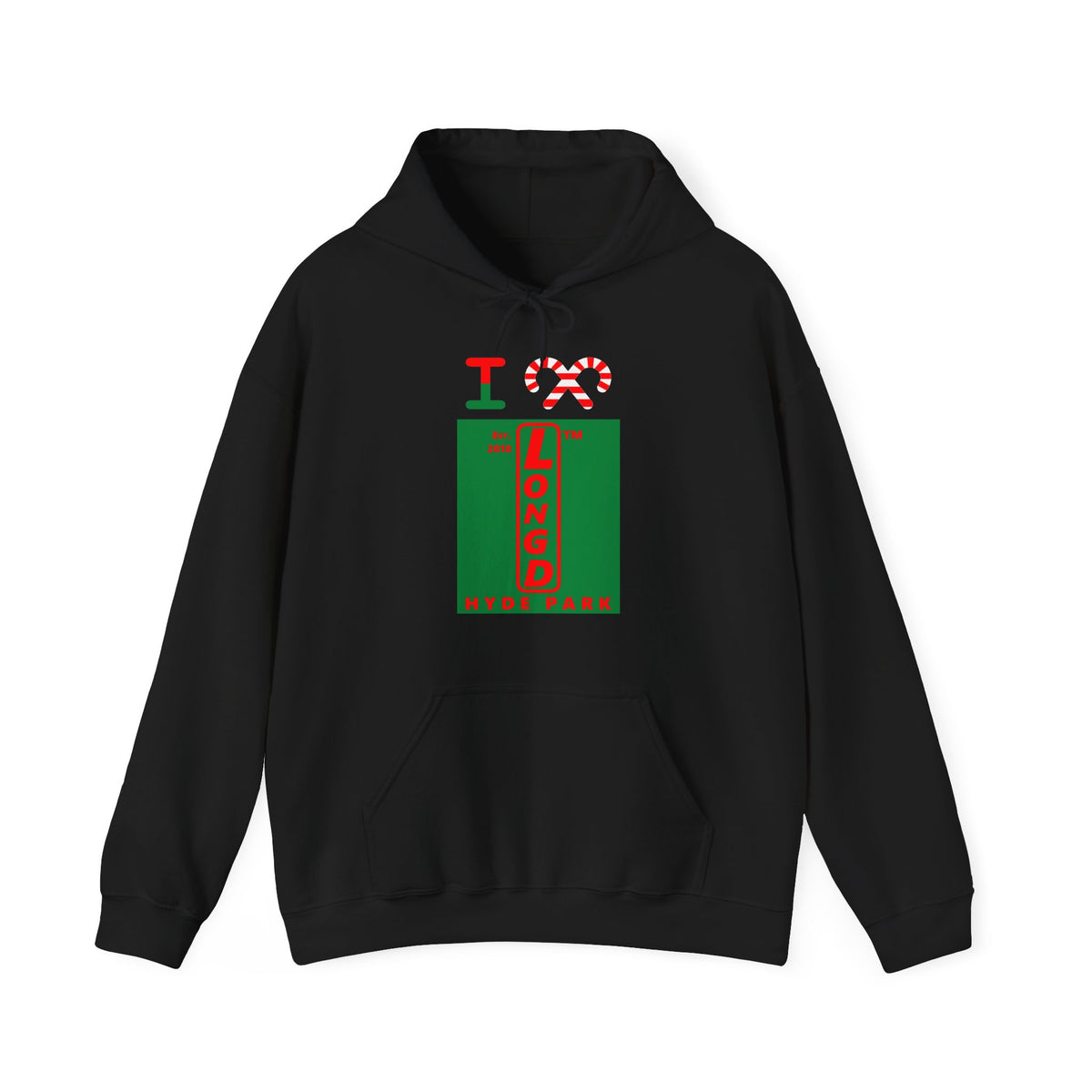 I candy cane LongD Hyde Park upright logo positive red on negative green hoodie