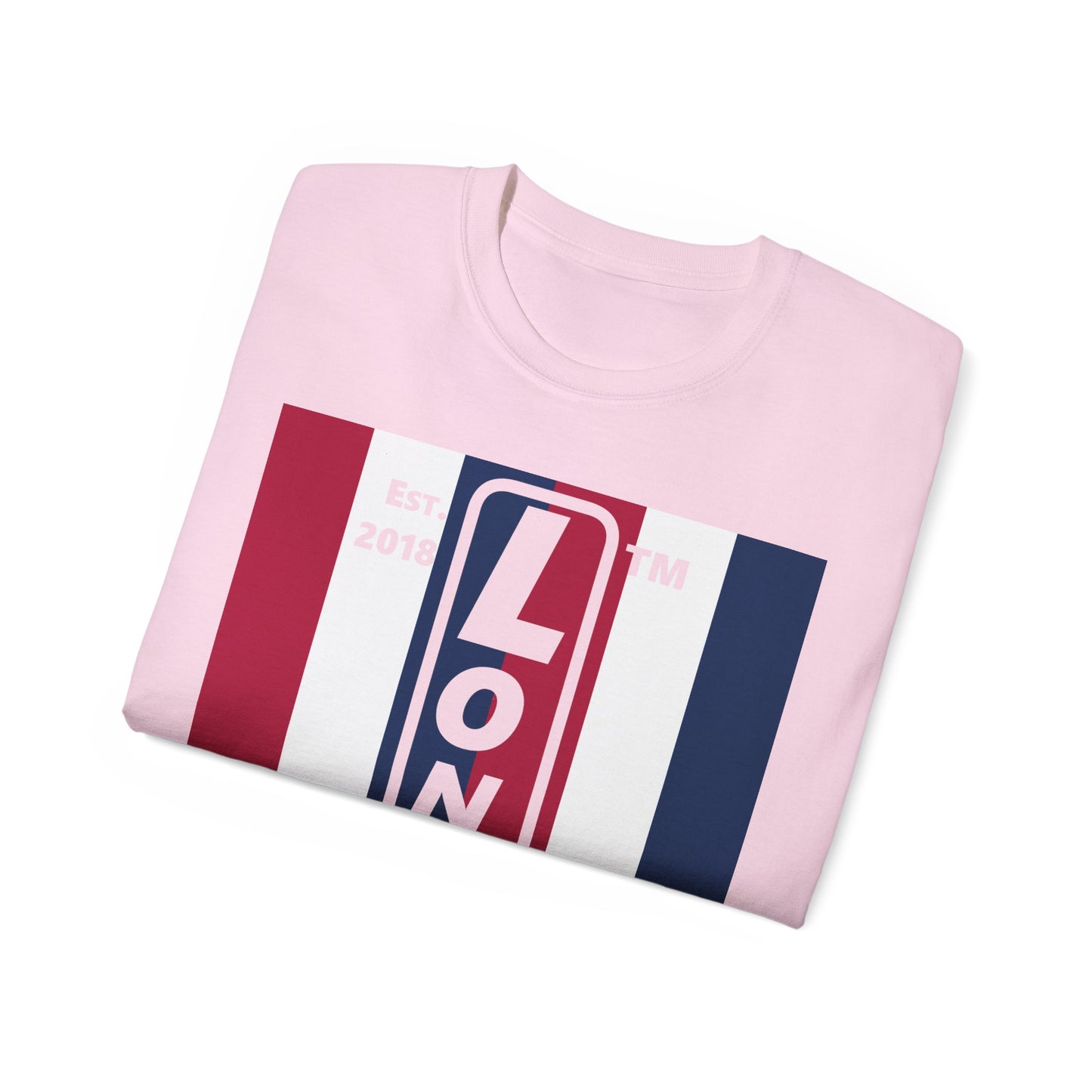 LongD cotton tee negative vertical 6-striped Chicago upright logo (Patriotic colors)