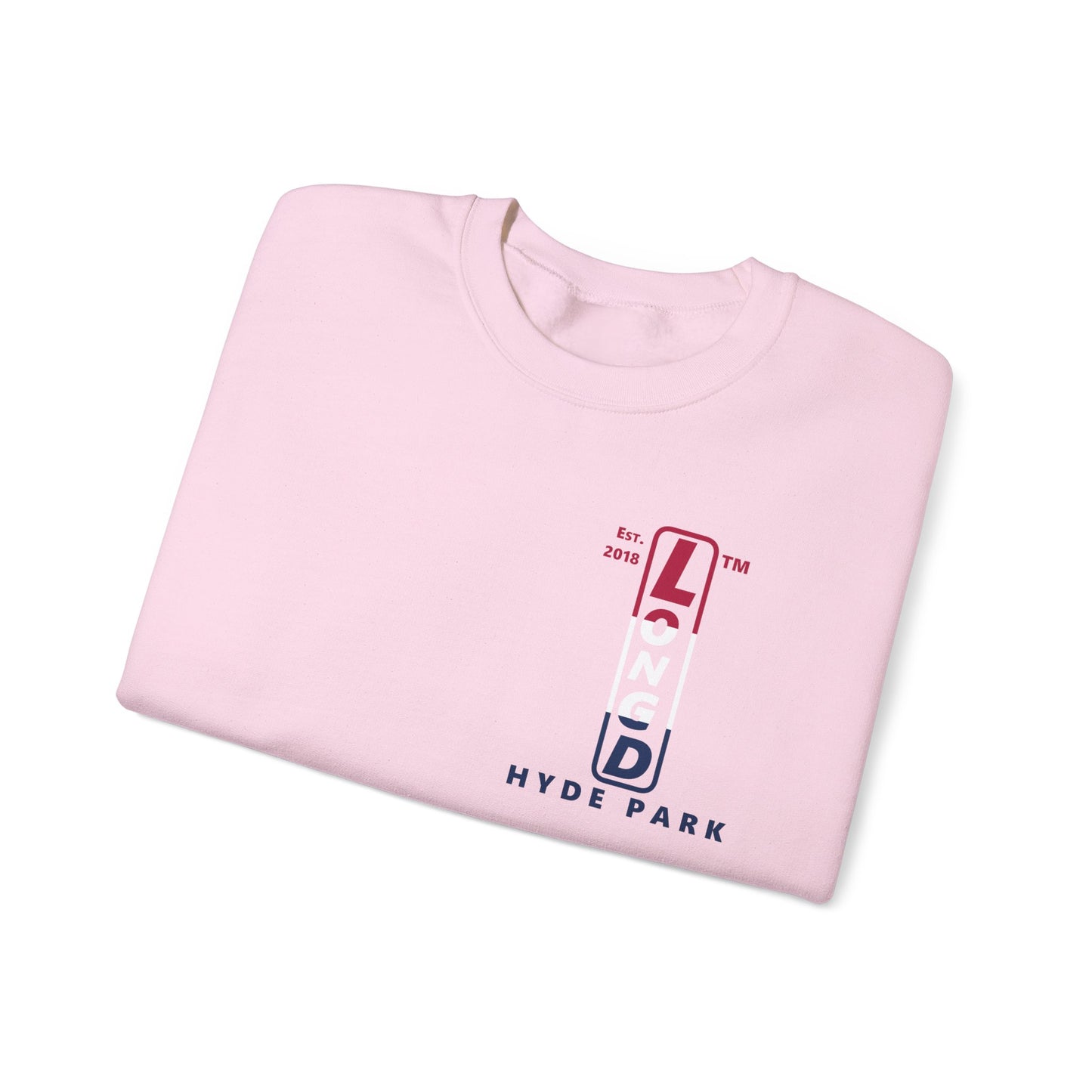 LongD positive horizontal 3-striped Hyde Park upright 4-print single-breasted logo crewneck sweatshirt (patriotic colors)