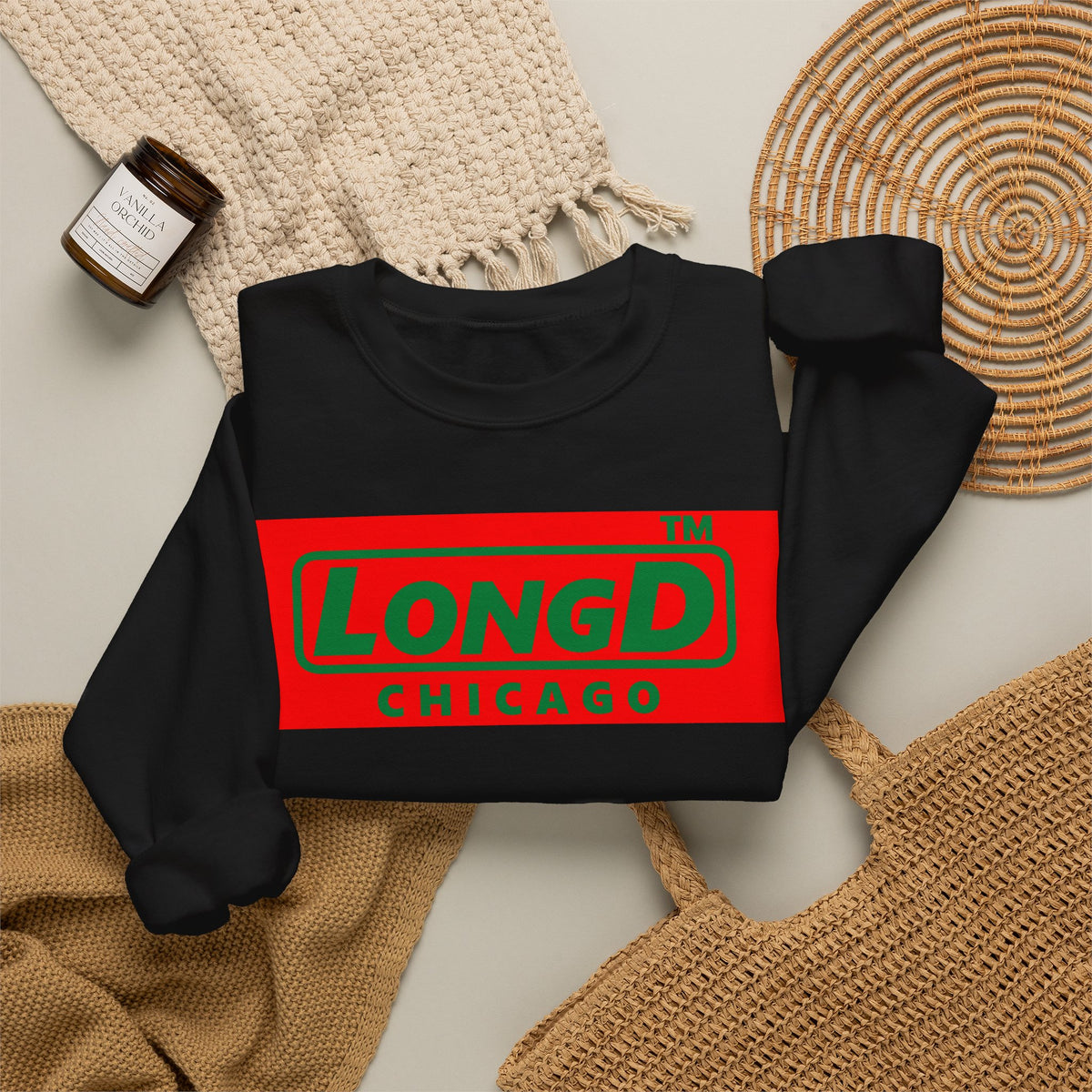 LongD Chicago logo positive green on negative red (Xmas colors) crewneck sweatshirt