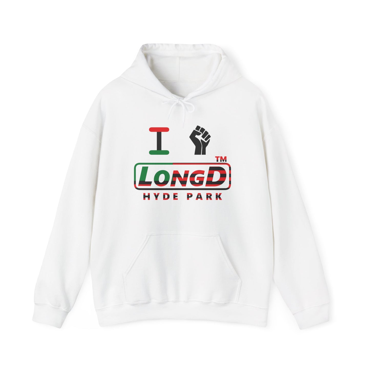 I fist LongD® positive flag front-back Hyde Park logo Hoodie (Juneteenth colors)
