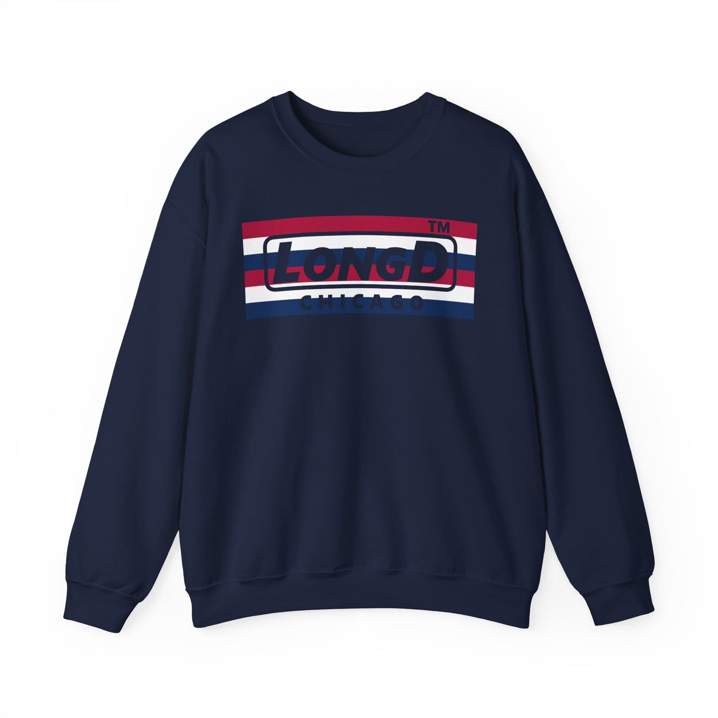 LongD negative horizontal 6-striped Chicago logo crewneck sweatshirt (patriotic colors)