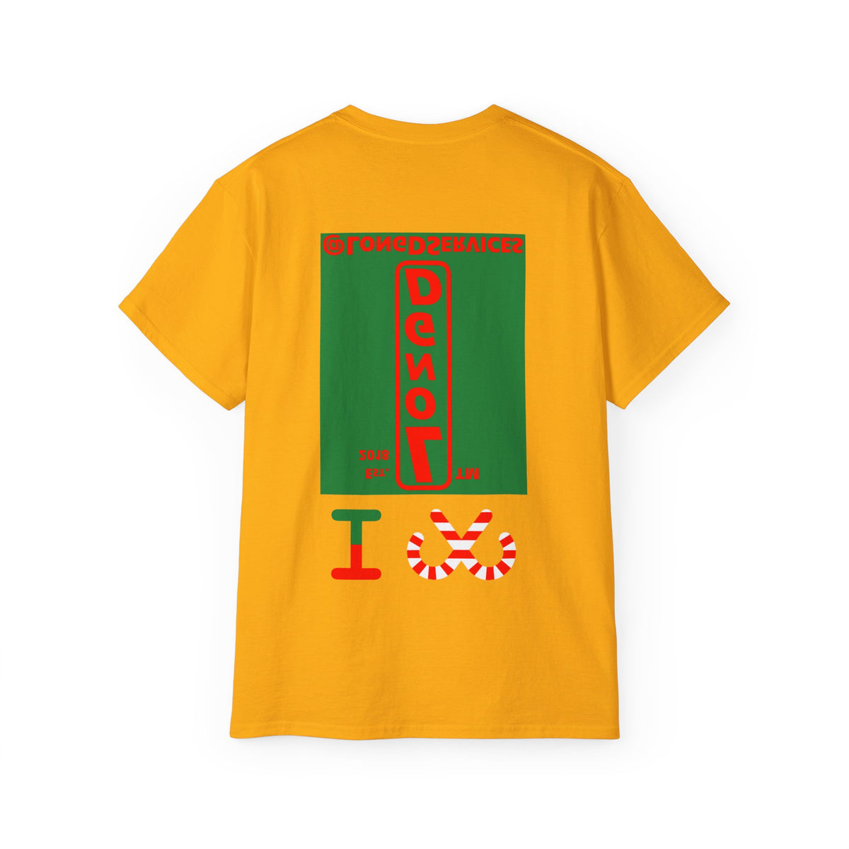 I candy cane LongD Tag upright front-back logo positive red on negative green cotton tee