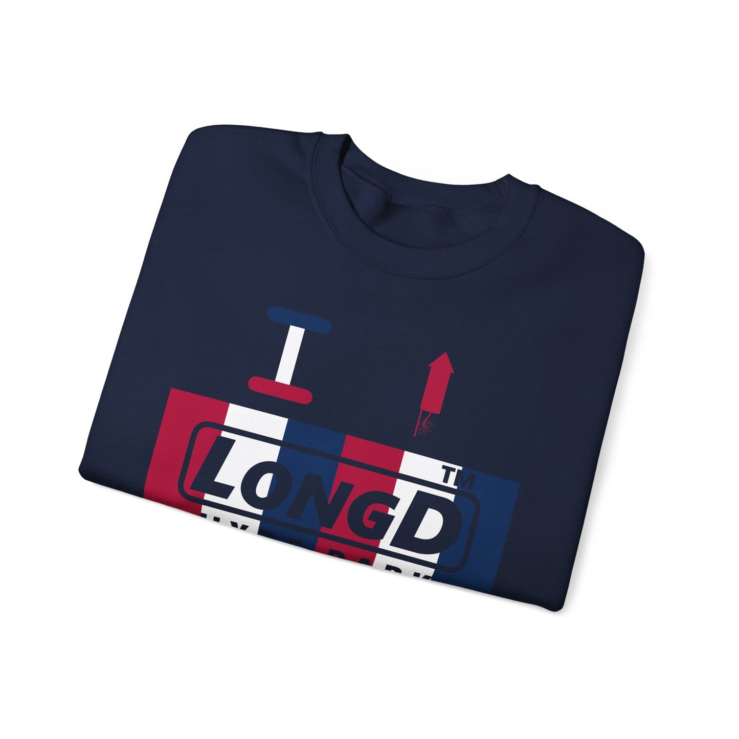 I firecracker LongD positive vertical 6-striped 4-print Hyde Park logo crewneck sweatshirt