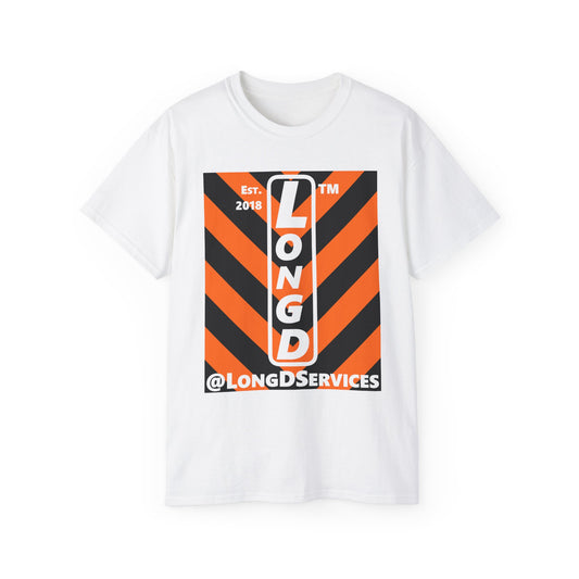LongD Tag negative upright downward chevron logo (Halloween colors) cotton tee