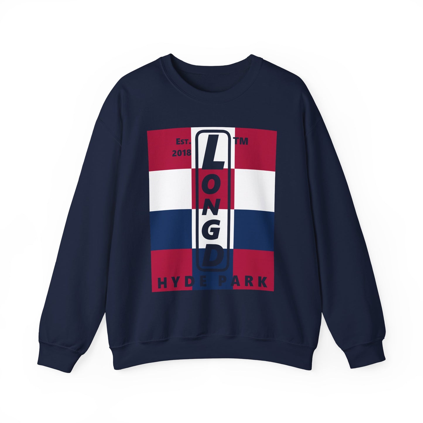 LongD negative 4x3 Hyde Park upright logo crewneck sweatshirt (patriotic colors)