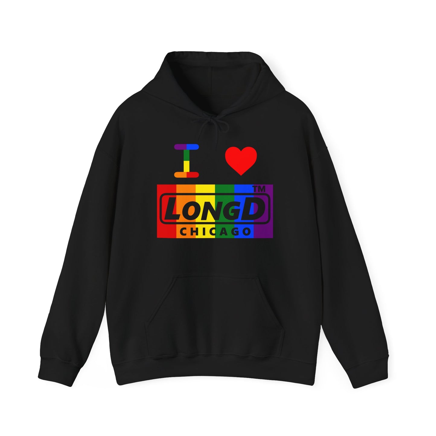 I Luv LongD® negative vertical striped Chicago logo hoodie (Pride colors)
