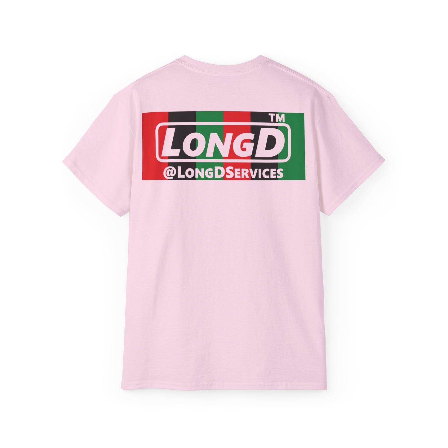 LongD negative vertical 6-striped Chicago logo front-back cotton tee (Juneteenth colors)