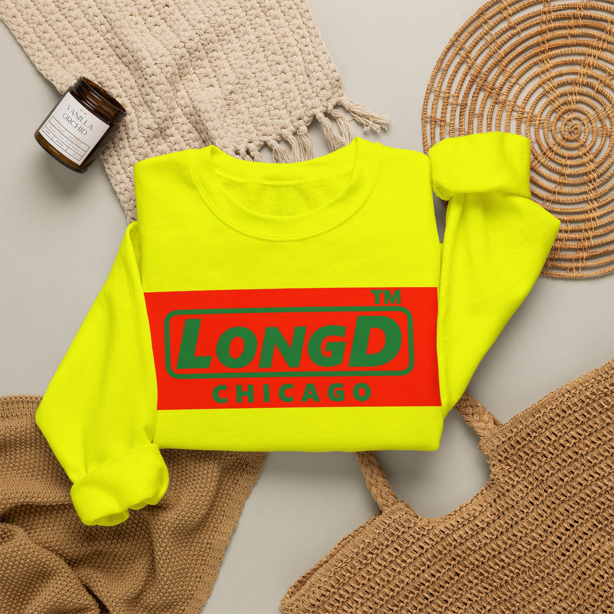 LongD Chicago logo positive green on negative red (Xmas colors) crewneck sweatshirt