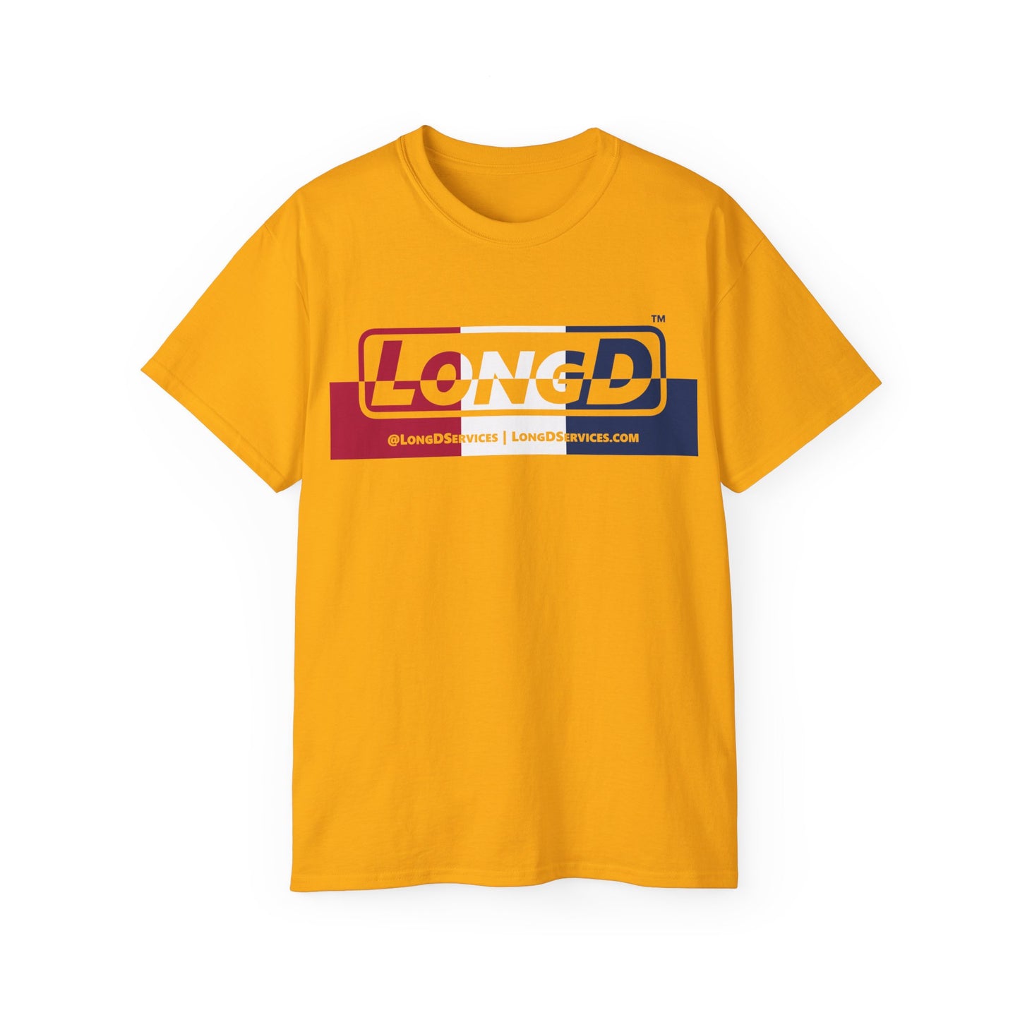 LongD® Logo Cotton Tee Red, White and Blue positive top negative bottom thirds text