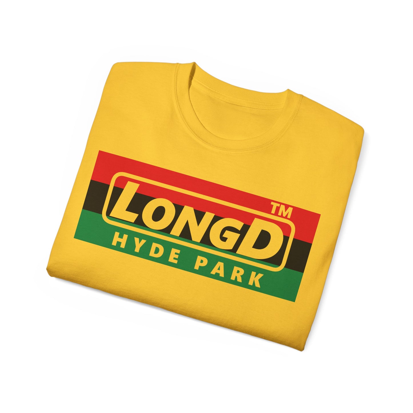 LongD negative horizontal 3-striped Hyde Park logo cotton tee (Juneteenth colors)