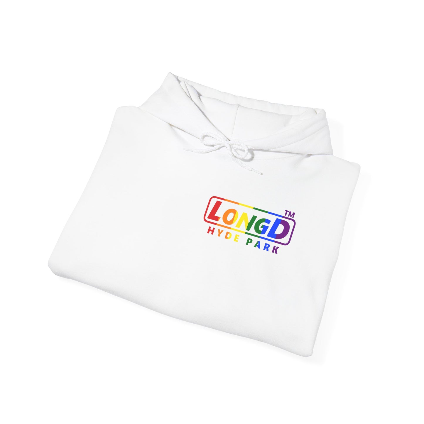LongD® positive vertical striped single-breasted front-back Hyde Park logo hoodie (Pride colors)