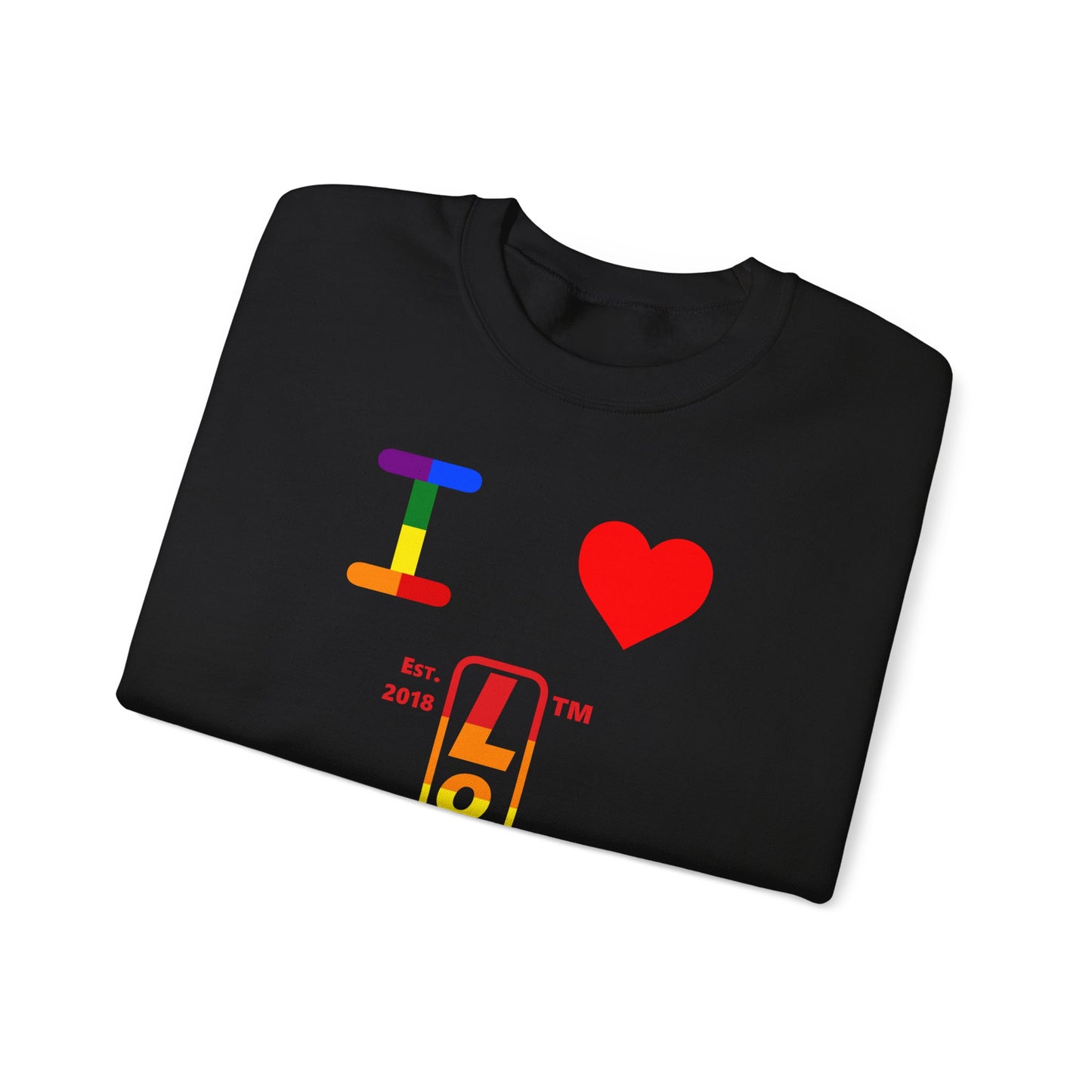 I Luv LongD positive horizontal 6-striped Hyde Park upright logo crewneck sweatshirt (Pride colors)
